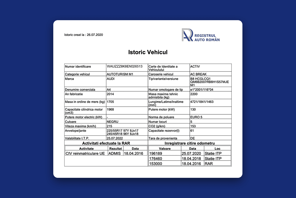 RAROM Istoric Vehicul - Verificare RAR KM Reali 9 Model Raport RAROM Istoric Vehicul prin Verificare Vin